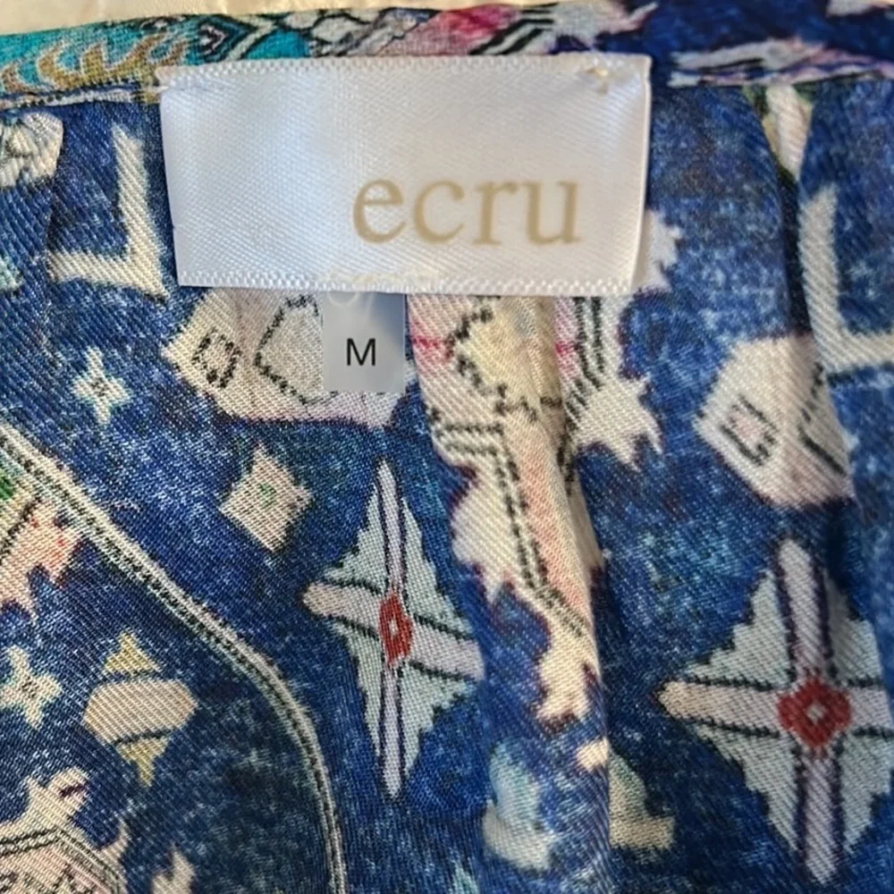 Anthropologie Ecru Weaver Kilim Royal Cobalt Blue Silk Tie Neck Tassel Blouse M